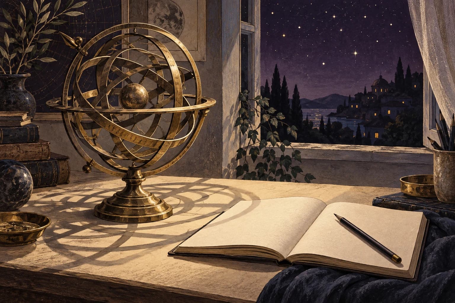 Illustration einer goldenen Armillarsphäre auf einem Schreibtisch vor dem Nachthimmel